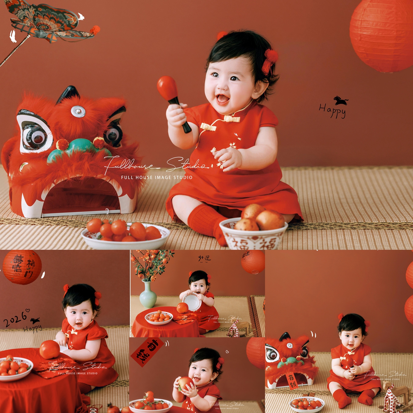 百天照抓周礼小女孩新年红色旗袍