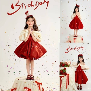 儿童摄影服装红色抹胸蝴蝶结连衣裙女影楼拍照主题室内写真礼服裙