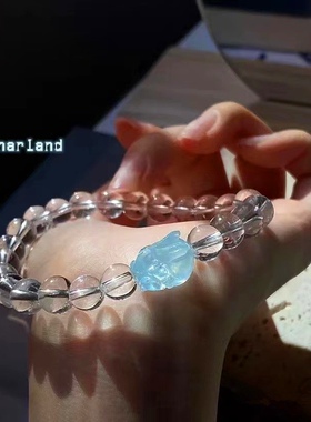 新品天然白水晶海蓝宝diy手串海蓝宝兔子白色手链蓝色趴趴兔手串