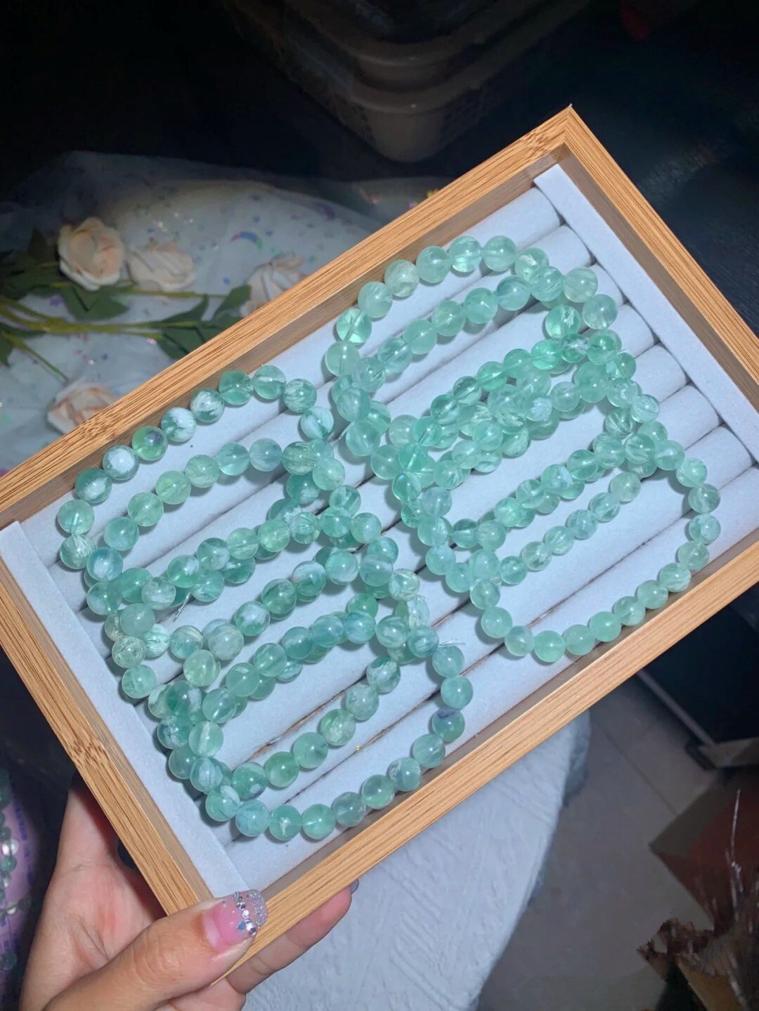 新品拉丝羽毛萤石手链女薄荷绿萤石人鱼姬渐变蓝萤石圆珠手串