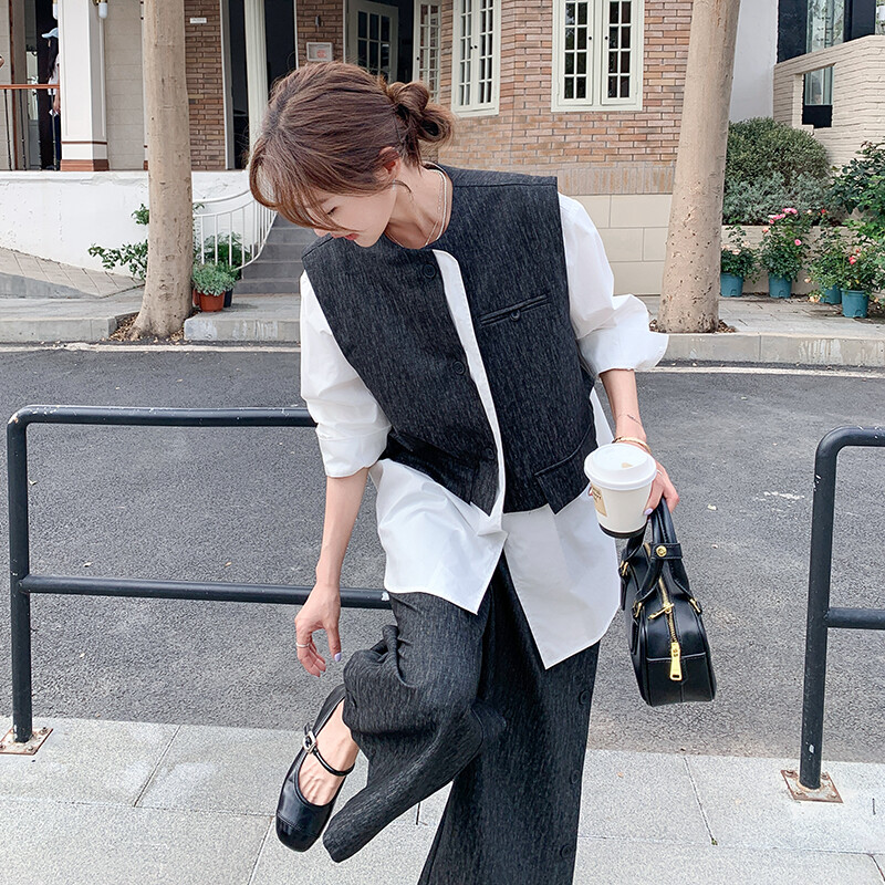 现货新品 秋季轻奢高级感衬衫马甲阔腿裤套装2C285-1018-P185K278