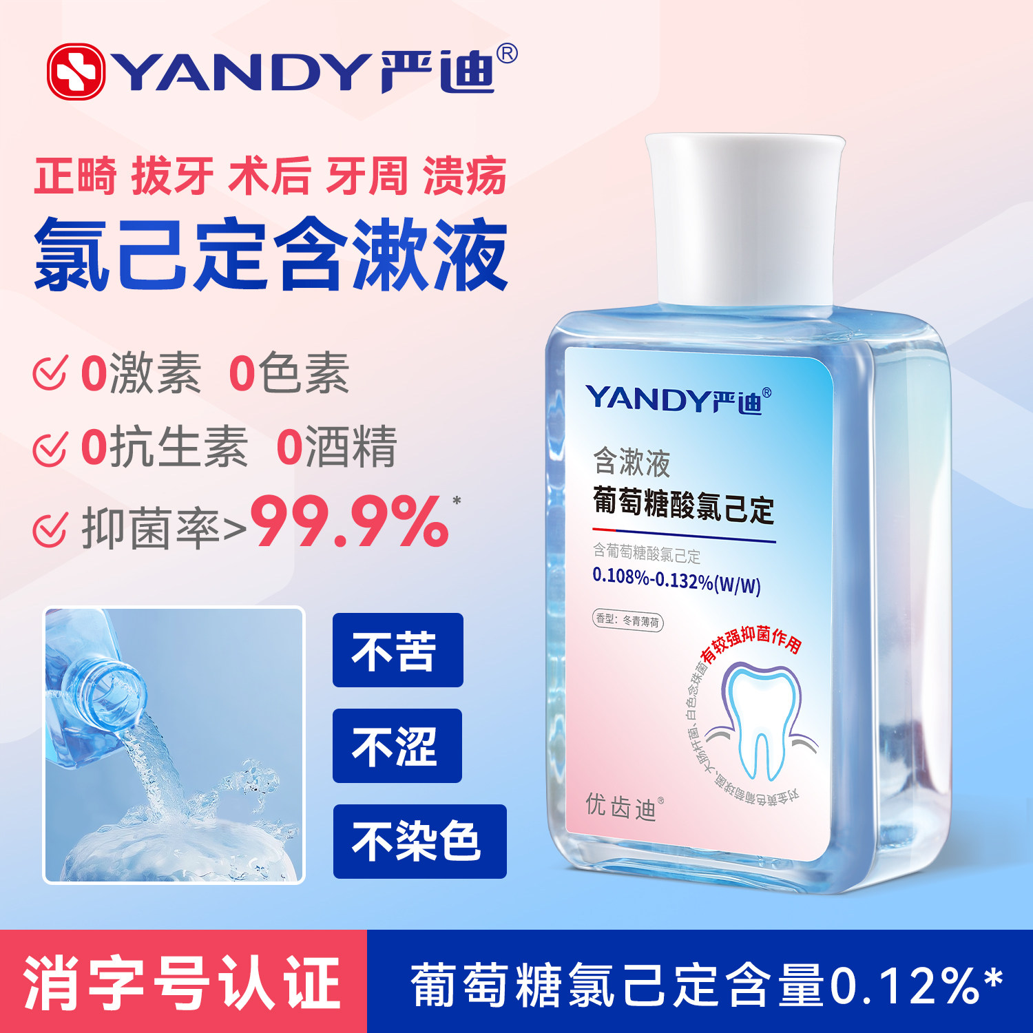 严迪氯己定含漱液口腔抑菌溃疡拔牙口臭正畸牙周牙科氯已定漱口水