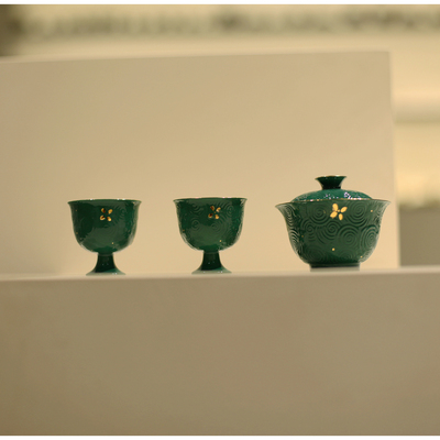 《竹叶绿》水纹岩茶盖碗 超好用 断水好 防烫 小容量 颜色釉 点金