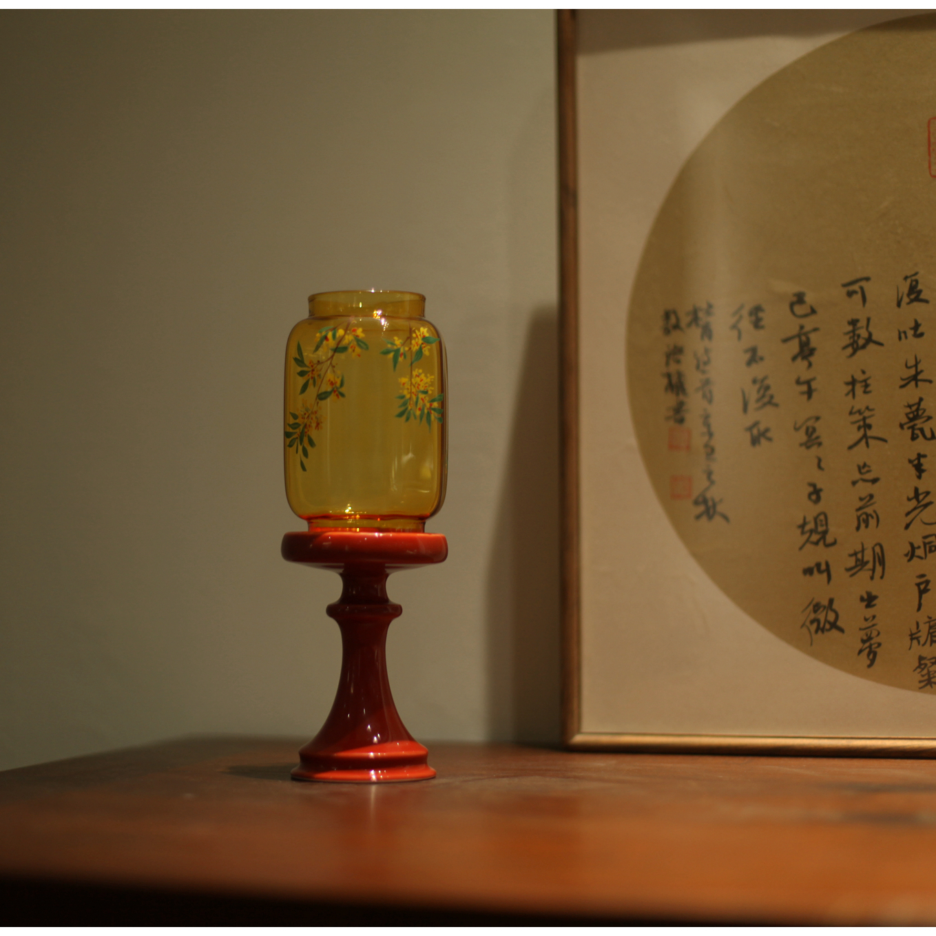 |亦宋书院|《桂满金秋》明清烛台 玻璃灯罩 彩绘桂花茶室摆件中式