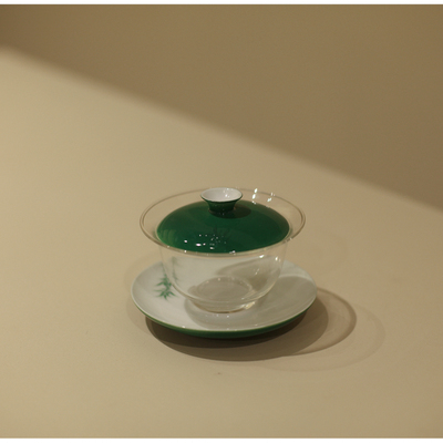 |竹叶绿|传统中国色系列茶具 玻璃三才盖碗 茶杯绿茶 绿色 手绘