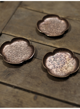 紫铜锤纹 海棠杯垫 潮州手锤 纯铜杯垫 茶托 杯托 复古 茶垫