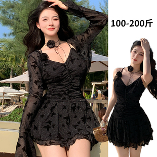 连体遮肉显瘦胖mm高级感纯欲性感 绝美泡温泉裙式 黑色泳衣女款 大码