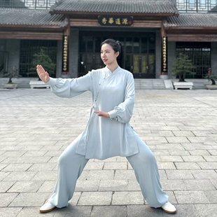 女【重磅醋酸麻】春秋款斜襟飘带太极武术练功服太极表演服