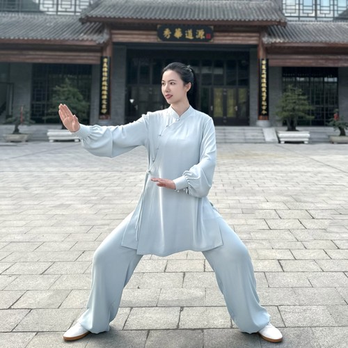 女【重磅醋酸麻】春秋款斜襟飘带太极武术练功服太极表演服
