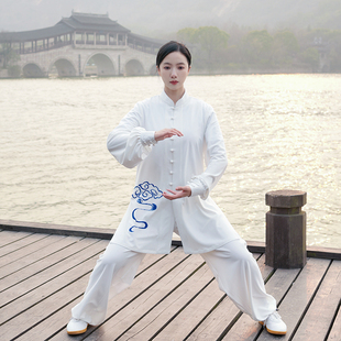 2023新款珍珠弹力麻手绘祥云太极服男女同款太极拳练功服武术表演