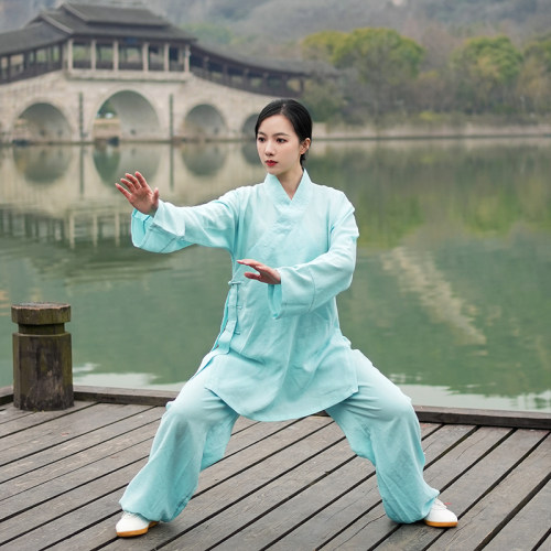 2023新款斜领直袖太极服女男春夏季亚麻棉太极拳练功服武术表演服 - 封面