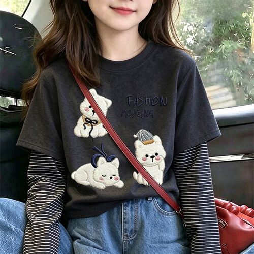 假两件内搭儿童条纹保暖长袖T恤德绒上衣秋冬半高领女童打底衫潮