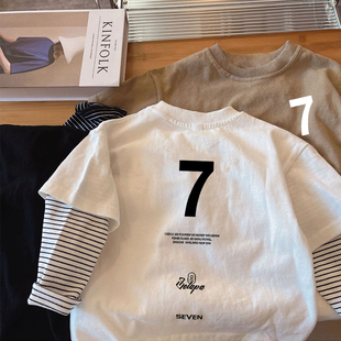 假两件条纹长袖 宝宝打底衫 T恤 男童女童早春秋装 儿童纯棉2026新款