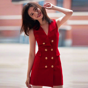 江疏影同款夏季新款时尚收腰显瘦气质通勤女式无袖西装连衣裙女