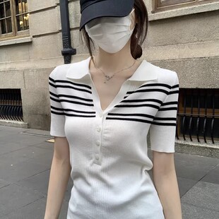 钢铁森林周瑾蔡文静同款polo衫撞色条纹针织衫纽扣修身短袖T恤女