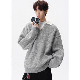 现在就出发白敬亭同款美式假两件Polo领撞色针织衫慵懒风宽松毛衣