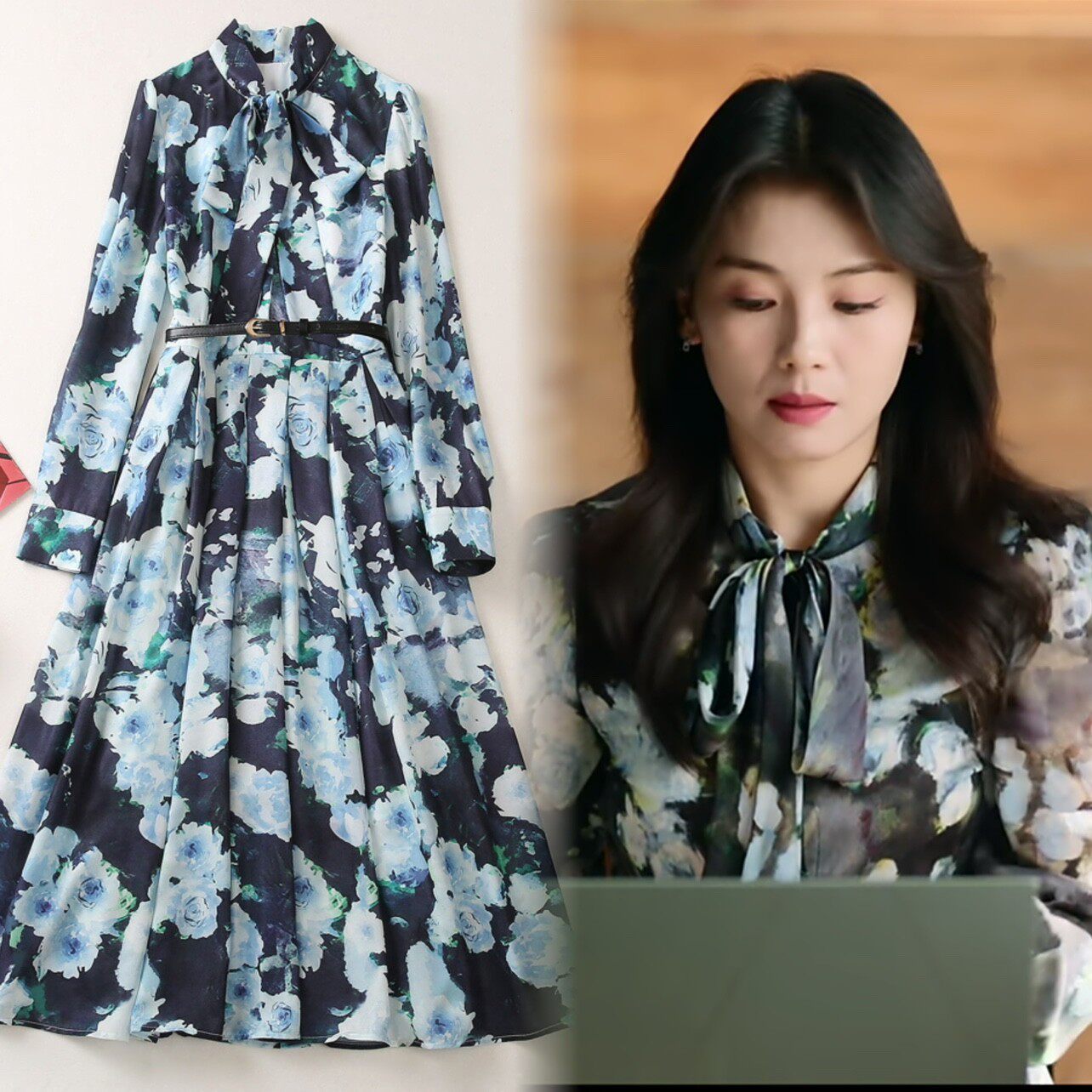 李知恩做自己的光何欢刘涛同款系带领长袖水墨花朵下摆对褶连衣裙