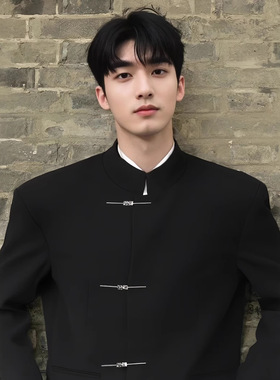 令人心动的offer冯程朗同款中式中山装套装黑色立领西装外套西服