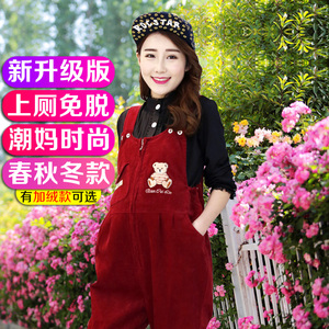正品孕妇背带裤2023秋冬韩版免脱后拉链长裤灯芯绒托腹裤大码装