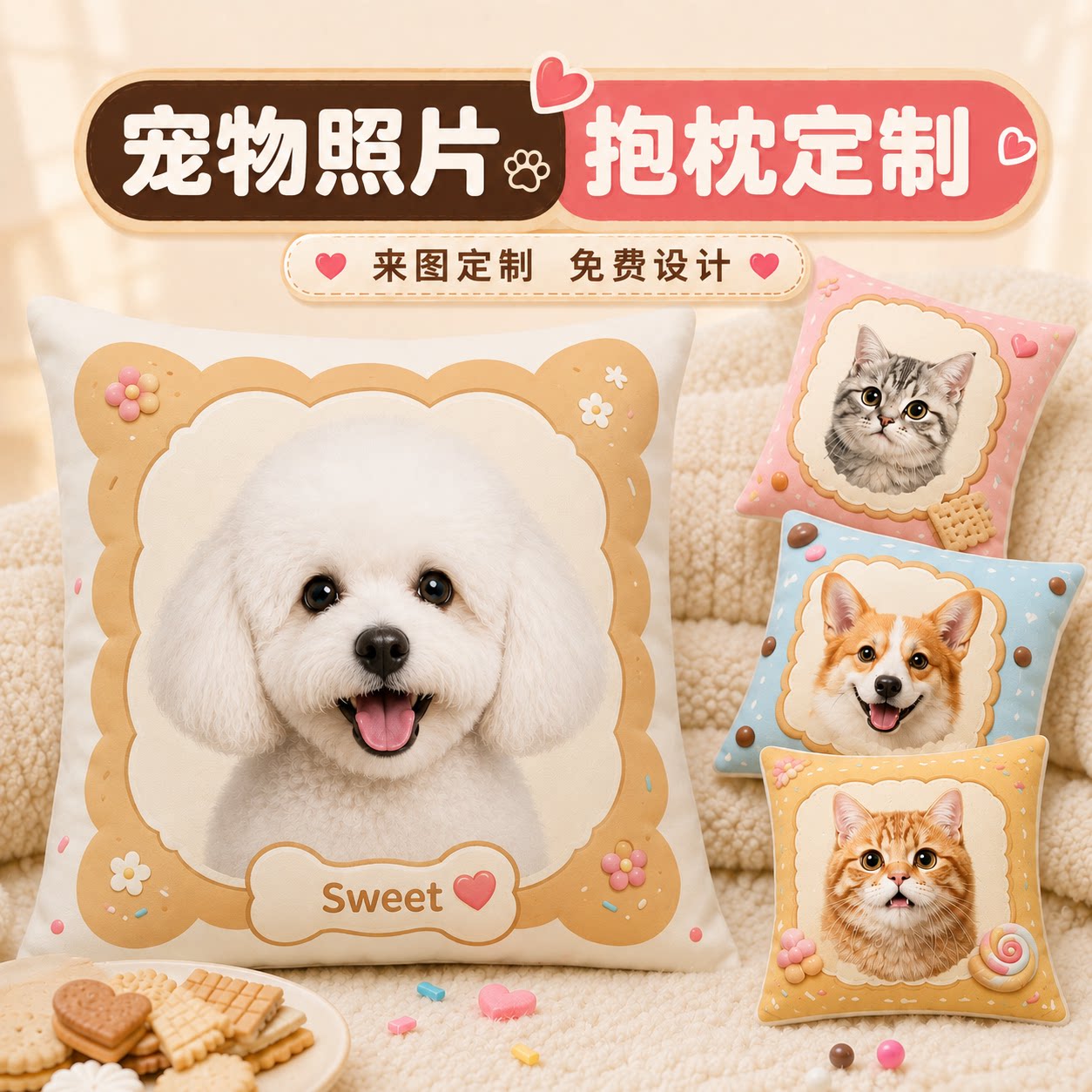 宠物抱枕定制来图定做照片小猫咪狗狗diy图案方形靠垫沙发靠背枕图片