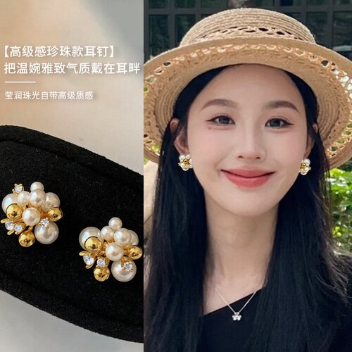 小众复古金色珍珠无耳洞耳夹