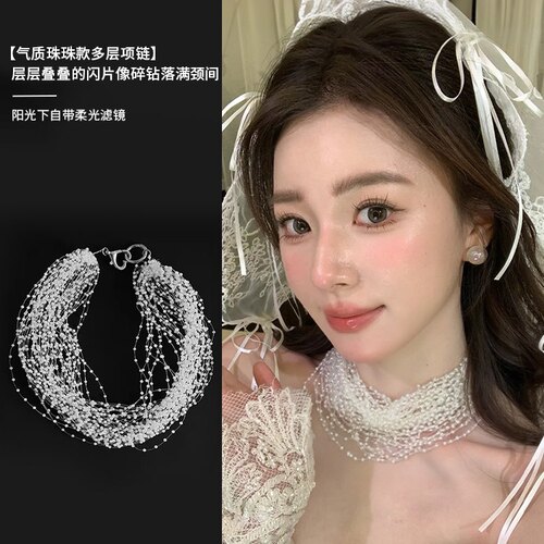 小众白色蕾丝珍珠新娘锁骨链