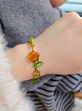 小坐手作 | 原创全进口捷克琉璃古董珠琥珀山竹花手链女生礼物