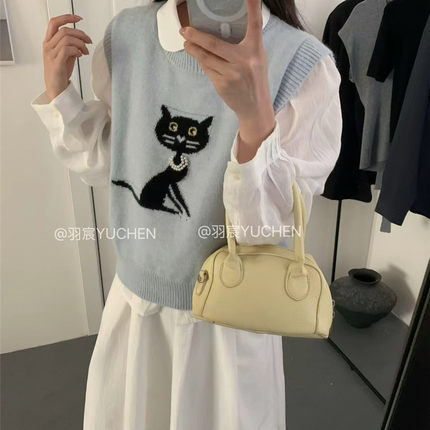 小个子外搭毛衣马甲背心女春秋减龄宽松圆领学院风叠穿针织上衣潮