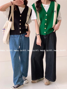 开衫 秋季 字母毛衣背心马甲女宽松慵懒风撞色无袖 新款 上衣马夹 韩版
