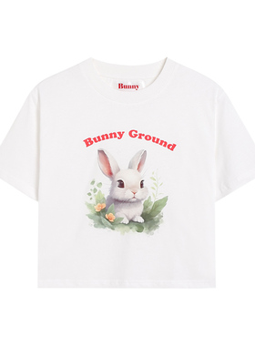 白色短款T恤女夏小灰兔bunny印花圆领上衣短袖
