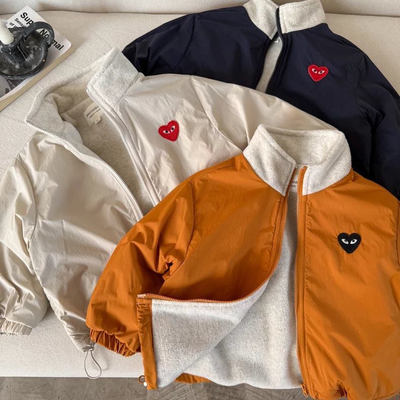 儿童加绒外套冬男童爱心潮牌加绒棉服宝宝小童夹克洋气拉链衫