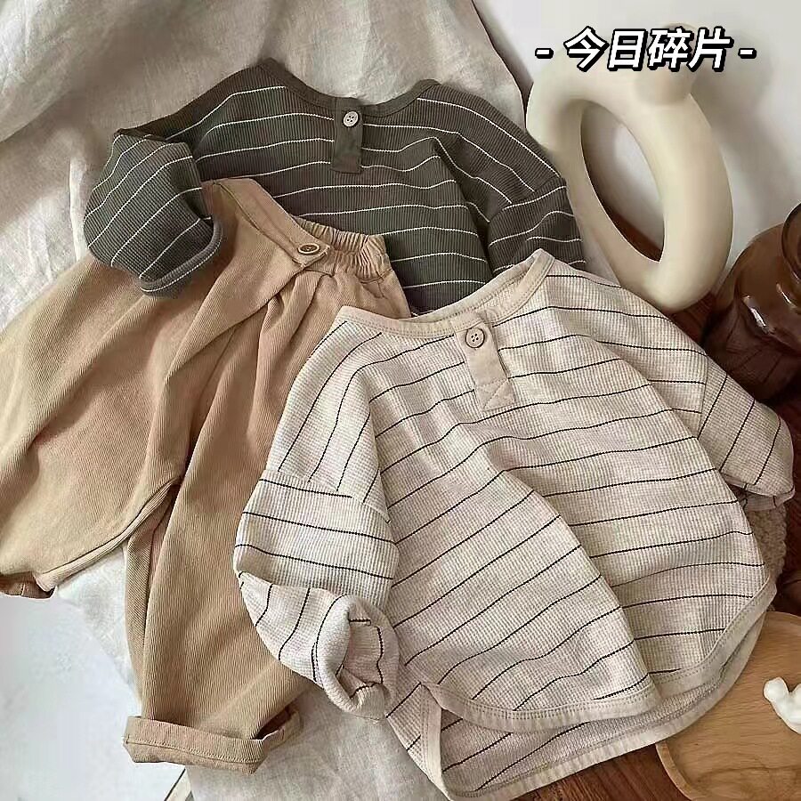 春秋装森系复古调韩国儿童华肤格条纹长袖T恤中性男女童宽松上衣