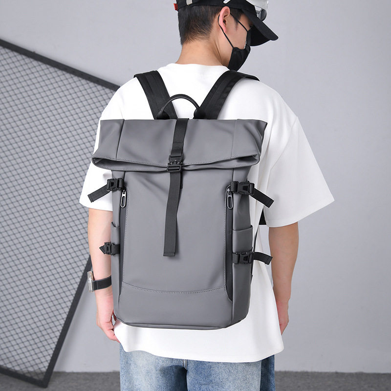 商务时尚卷口双肩背包休闲纯色韩版旅行健身运动背包男大学生书包