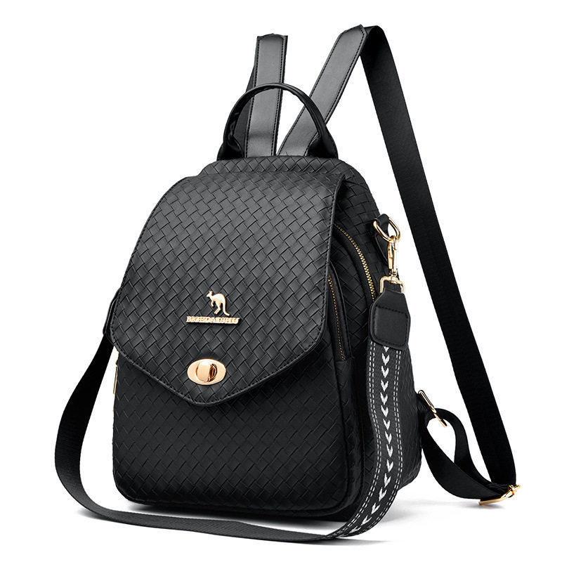 跨境新款双肩包时尚编织纹纯色简约大容量书包女士背包百搭通勤包