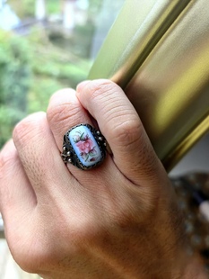 中古Vintage古董戒指西洋古着老银花丝彩绘戒指活圈可调节纯银