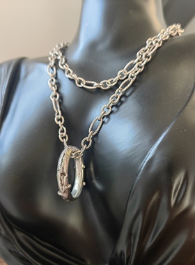 ITALY意大利品牌925纯银项链圆环吊坠手工老银中古首饰西洋古着