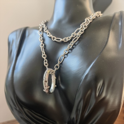 ITALY意大利品牌925纯银项链圆环吊坠手工老银中古首饰西洋古着