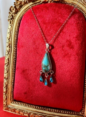 墨西哥手工原矿绿松石蓝松石925纯银水滴流苏吊坠项链中古着首饰