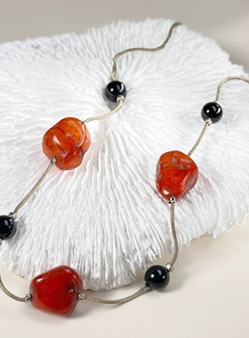 红玛瑙老银项链天然随型设计感925纯银链中古首饰古着vintage海外