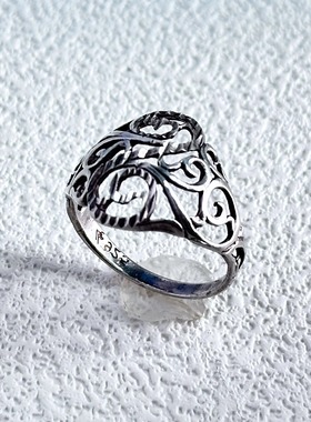 925银镂空雕花戒指复古古董银器