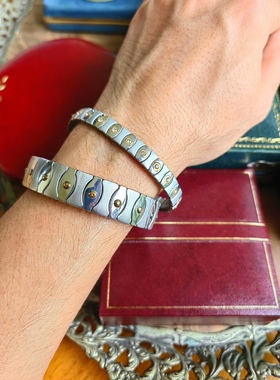 钢镀18K金和14K金情侣手镯一对记忆弹簧叠搭中性手链中古首饰古着