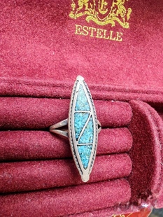 墨西哥印第安老作坊手工马赛克绿松石拼接老纯银戒指中古首饰古着