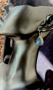 美国中古首饰Vintage镶嵌穆拉诺琉璃绝美海蓝925纯银耳钩耳环古着