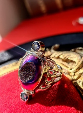 意大利Sajen孤品925纯银紫水晶炫彩矿晶宝石活圈戒指环中古着首饰