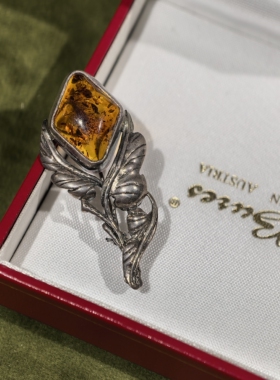 西洋古董回流 925老银花叶花珀胸针（新艺术Art Nouveau风格）