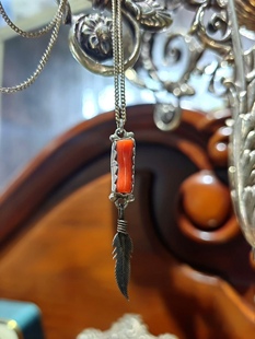 红色宝石印第安纳瓦霍手工羽毛流苏925纯银项链吊坠中古首饰古着