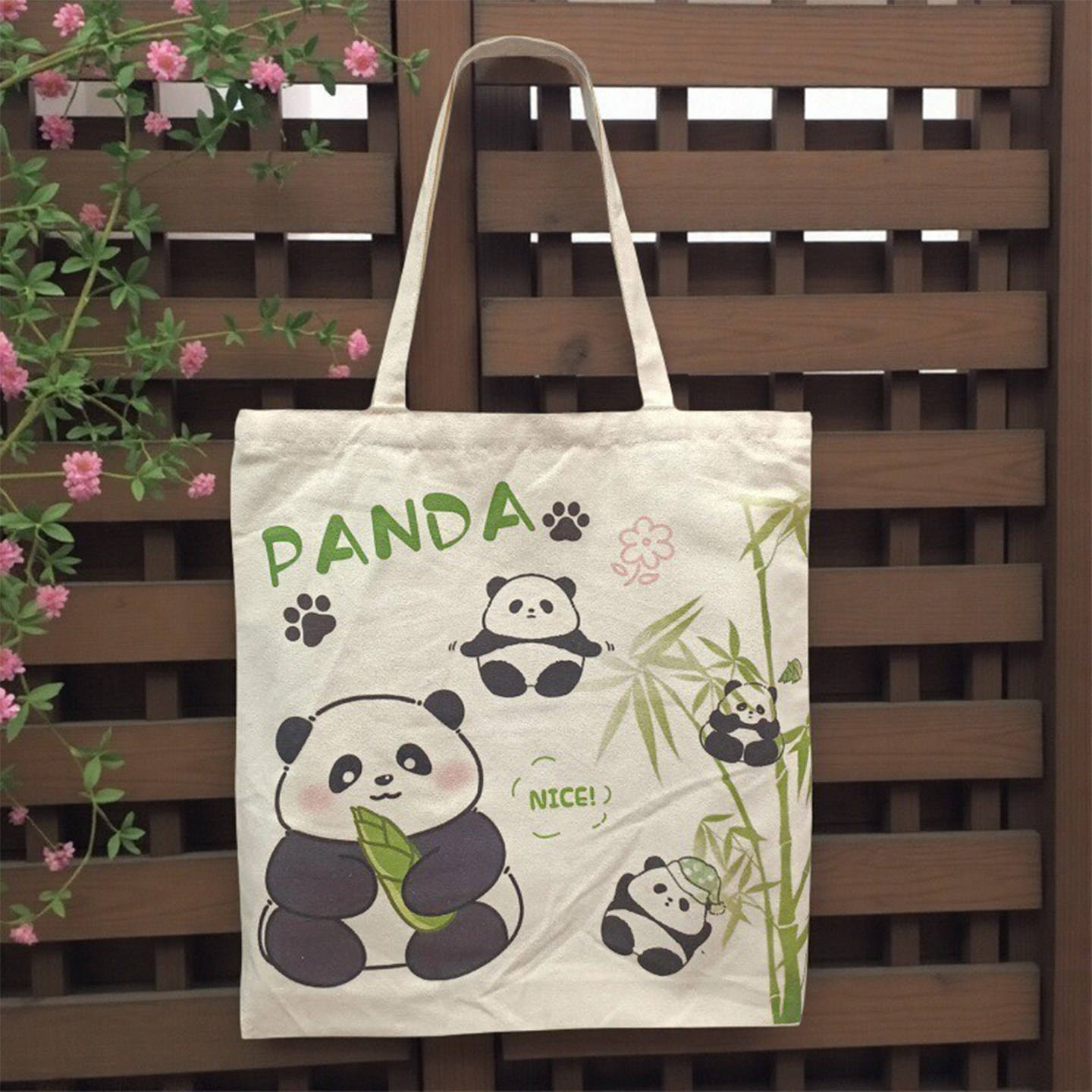 熊猫帆布包单面卡通熊猫印花带拉链防盗环保袋学生通勤便携购物袋