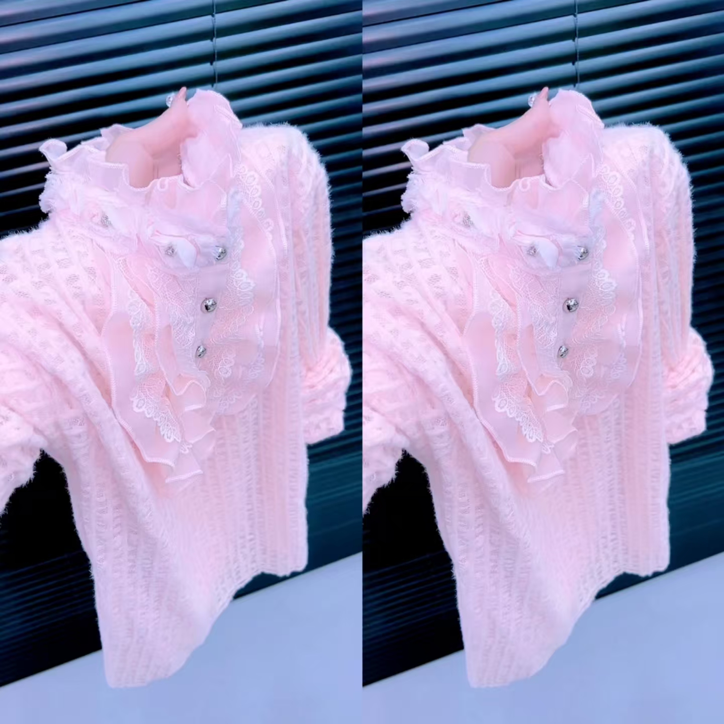 短款重工镶钻立领显瘦蕾丝衫百搭