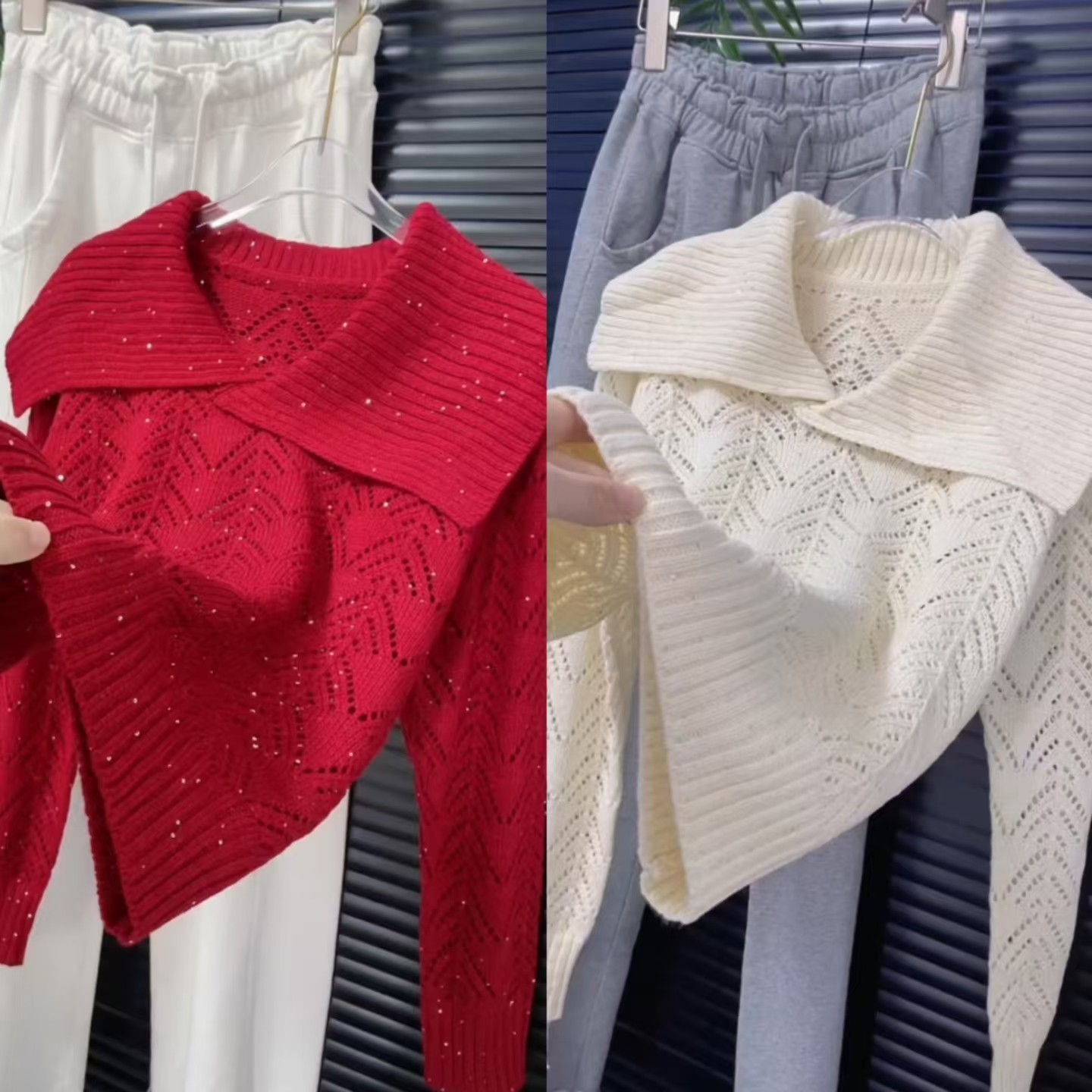 韩式大翻领短款针织衫时尚亮片毛衣女长袖百搭显瘦镂空上衣2026年,女装/女士精品,毛针织衫,淘宝优惠券,粉丝福利购,淘宝优惠卷
