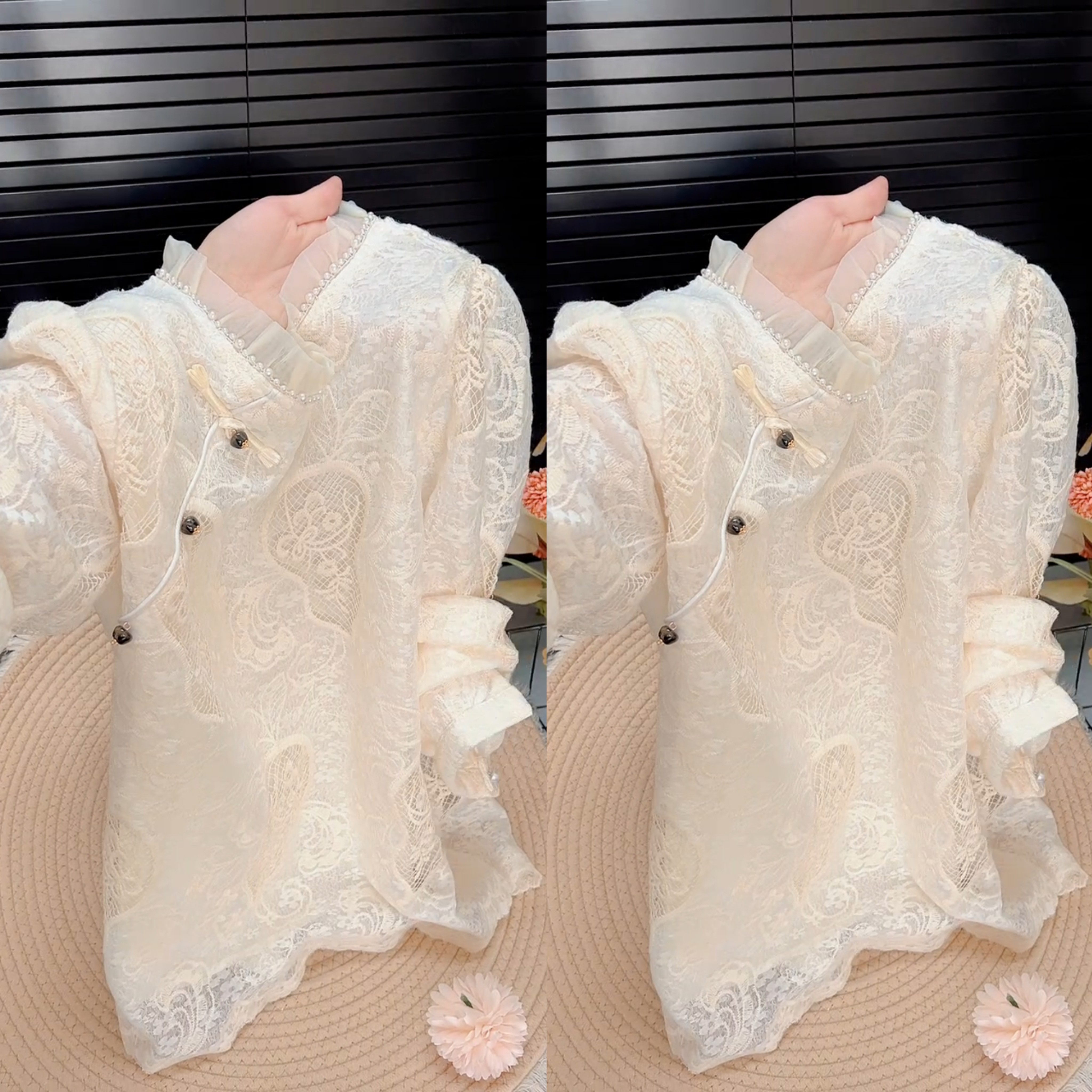 盘扣衬衫女蕾丝花边短款上衣